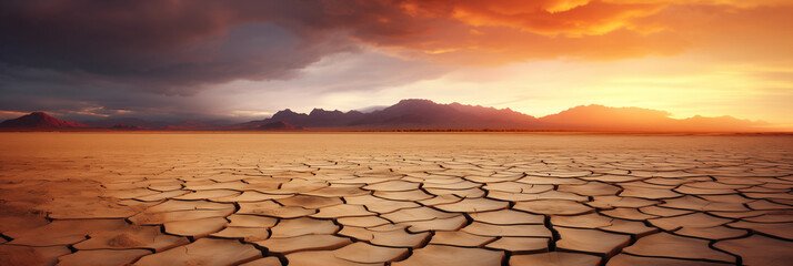 A sunset over a cracked desert somewhere on Earth, due to the lack of water and rising air temperatures caused by global warming