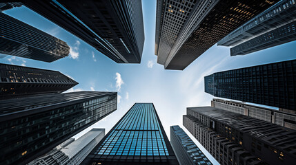 Looking directly up at the skyline of the financial district - obrazy, fototapety, plakaty