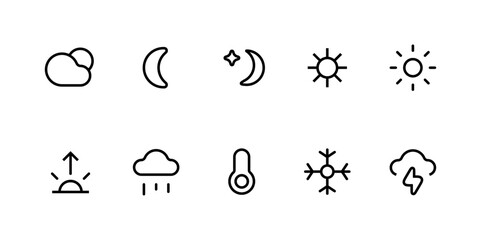 Weather icons. Weather forecast icon set. Clouds logo. Weather , clouds, sunny day, moon, snowflakes, wind, sun day. Vector illustration.	Suitable for ui kit, Web Page, Mobile App, UI, UX design