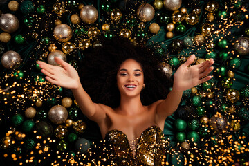 Top photo of stunning gorgeous lady congratulate on vogue christmas event with illumination tinsels...