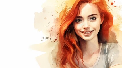 Smiling Teen White Woman with Red Straight Hair Watercolor Illustration. Portrait of Casual Person on white background with copy space. Photorealistic Ai Generated Horizontal Illustration.