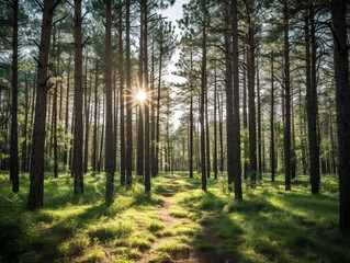 A tranquil pine forest filled with tall trees basking in the gentle rays of sunlight.