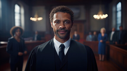 Fototapeta premium A young man, African American lawyer take a photo with his team, Constitutional Court background.