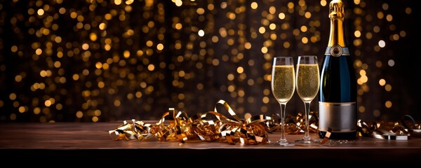 happy new year!a golden bottle of champagne with glasses . Celebrating New Year's Eve, celebration concept. Horizontal background / banner for celebrations and invitation cards, copy space for text - obrazy, fototapety, plakaty