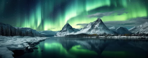 Fototapete Nordlichter Aurora borealis, Green northern lights above mountains. Night sky with polar lights, Generative AI