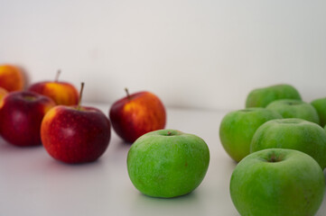 Group of mixed green and red apples. Organic fresh fruits and image of fall apple harvest 