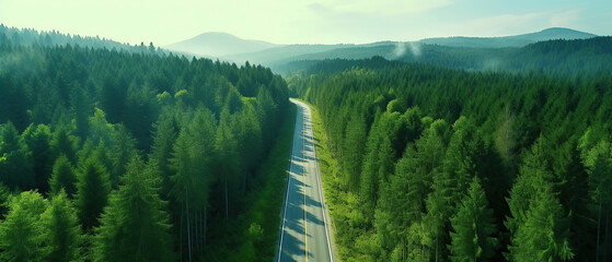 Aerial view road in the middle forest, Top view road going through green forest adventure, Ecosystem ecology healthy environment road trip travel. - obrazy, fototapety, plakaty