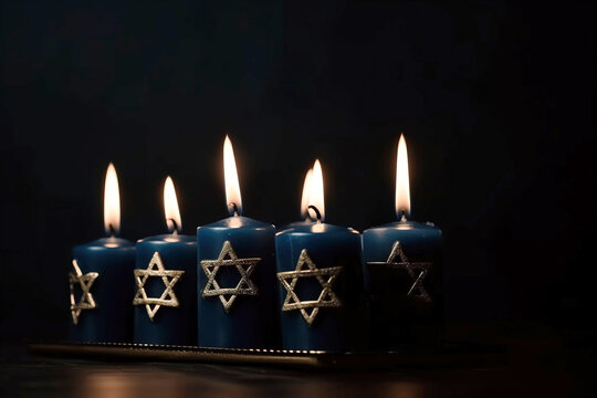Religion image of jewish holiday Hanukkah with burning candles. AI generated