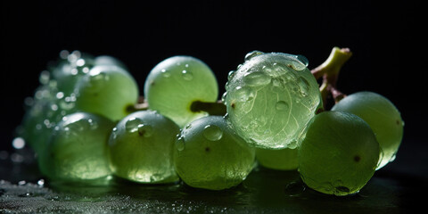 Water Drops on Group of Delicious Fresh Green Grapes As Defocused Background