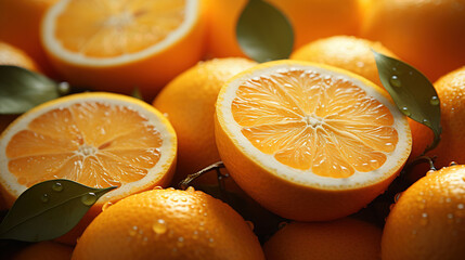 Fresh Oranges with Slices of With Citrus Fruit Water Drops Background Selective Focus - obrazy, fototapety, plakaty