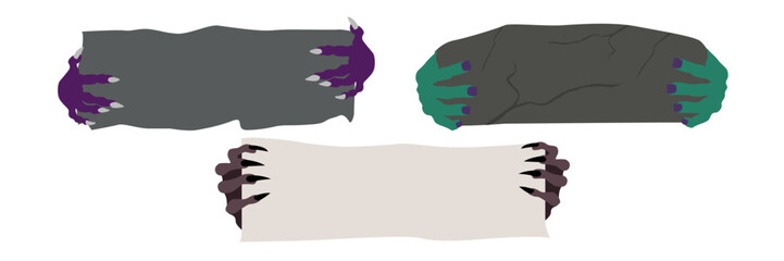 Halloween banners with witch, skeleton, vampire, zombie and werewolf hands. - obrazy, fototapety, plakaty