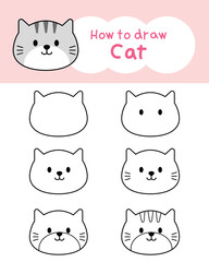 How to draw cute grey cat cartoon step by step for learning, kid, education, coloring book. Vector illustration
