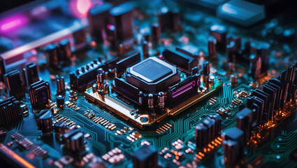 Fototapeta na wymiar a circuit board with a processor, neon colors