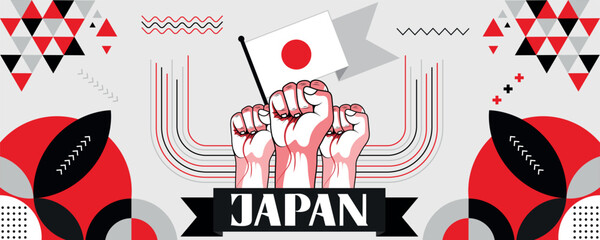 Japan national or independence day banner design for country celebration. Flag of Japan with raised fists. Modern retro design with abstract geometric icons. Vector illustration.
