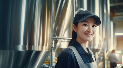 Brewery worker, working in modern beer production factory, blurred large copper brass fermentation tanks in background.