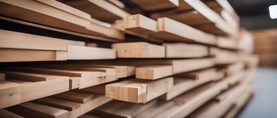 Stacked wooden bars in workshop of furniture manufacture