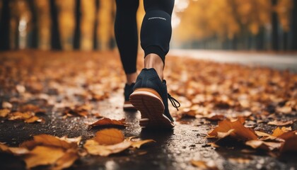 Running or Jogging outdoors in rainy autumn weather with leaves in warm colors on the ground.