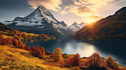 Foto op Canvas Fantastic evening panorama of Bachalp lake / Bachalpsee, Switzerland. Picturesque autumn sunset in Swiss alps, Grindelwald, Bernese Oberland, Europe. Beauty of nature concept background. © Santy Hong