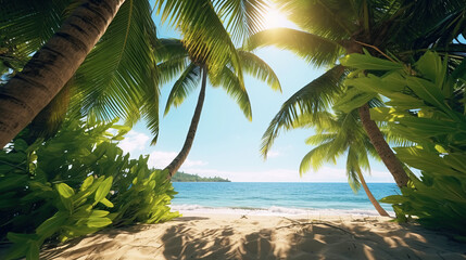 Obraz premium Green Palms on tropical beach.