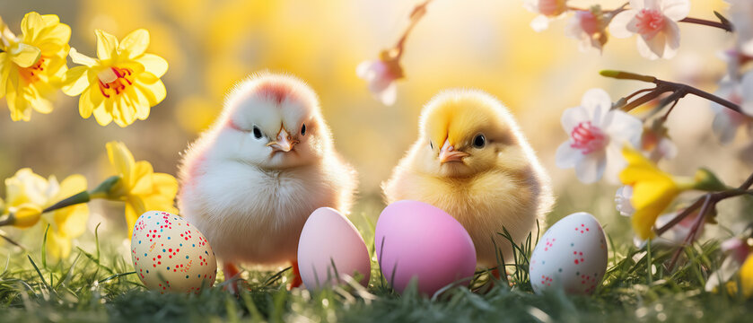 Happy Easter holiday greeting card background - Closeup of two sweet chicks with brightly painted easter eggs on meadow with blooming daffodils.