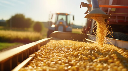 Harvester pouring freshly harvested corn maize seeds or soybeans into container trailer near, closeup detail, afternoon sunshine, Agriculture concept.