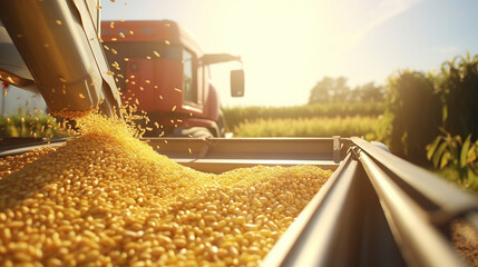 Harvester pouring freshly harvested corn maize seeds or soybeans into container trailer near, closeup detail, afternoon sunshine, Agriculture concept.