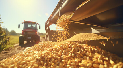 Harvester pouring freshly harvested corn maize seeds or soybeans into container trailer near, closeup detail, afternoon sunshine, Agriculture concept. - obrazy, fototapety, plakaty