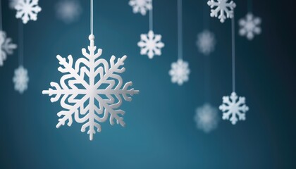 Fototapeta na wymiar Christmas Background With Paper Cut Snowflake Hanging Snowflake Decoration. Winter Wallpaper. Snow Backdrop. Illustration