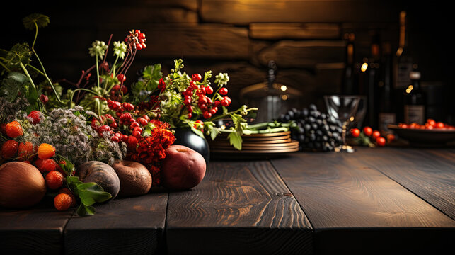Empty Wooden Table Top Decorated With Candles Flower Vase and Fruits Background Selective Focus