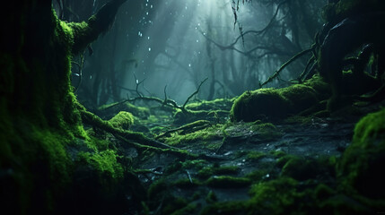 Magic deep forest with moss and fog.