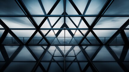architecture of geometry at glass window,roof of moden buildings,Empty Long Light Corridor.Modern background.Futuristic Sci-Fi Triangle Tunnel