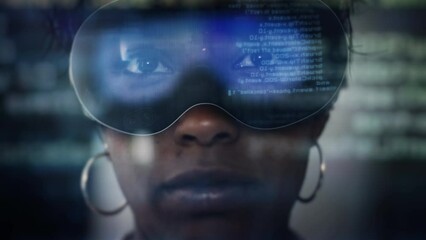 African American Female Programmer with VR Glasses. Futuristic Augmented or Virtual Reality Headset. Program Code Animations. - Powered by Adobe