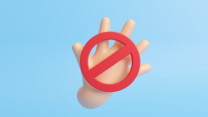 3D cartoon hand and stop symbol for prohibited activities, No entry, stop sign, do not touch icon. Do not enter authorized personnel only. Concept for your web site design, logo, app, UI. 3d rendering - obrazy, fototapety, plakaty