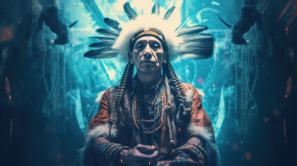 A shaman in a deep trance on a dark blue background with runes, created by Generative Ai technology.