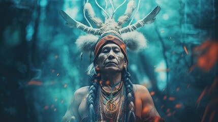 A shaman in a deep trance on a dark blue background with runes, created by Generative Ai technology. - obrazy, fototapety, plakaty