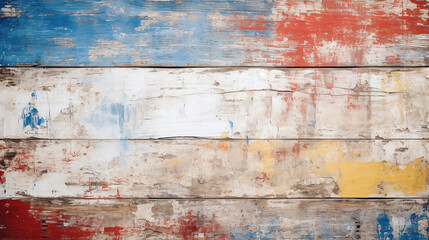 old rustic abstract painted wooden wall table floor texture - Grunge red blue yellow white painting shabby peeled off wood background.