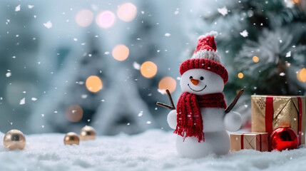 Christmas Eve Holiday Cute Snowman Giving Gifts in Outdoor Background Selective Focus