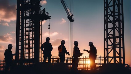 Silhouette of engineer and construction team working safely height building at sunset