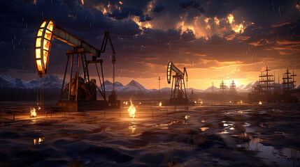 Oil Pump Rig Oil and Gas Production Oil Field Site Dramatic Defocused Background