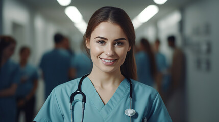 Portrait of a young nursing student standing with her team in hospital, dressed in scrubs, Doctor intern.