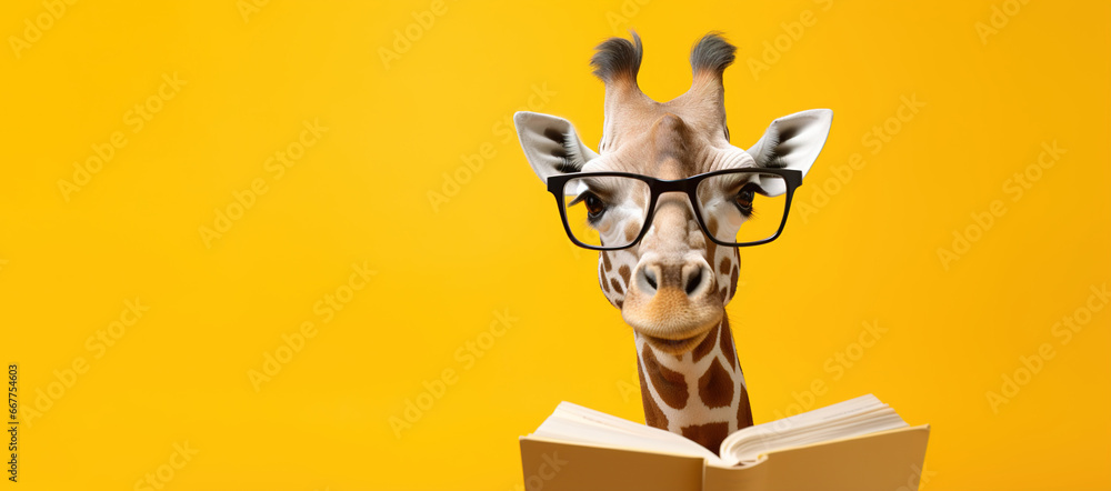 Wall mural Giraffe with glasses reads a book on a orange background with space for text.