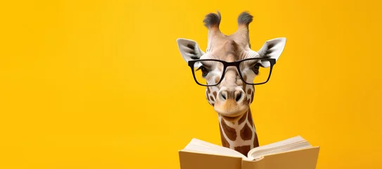 Sierkussen Giraffe with glasses reads a book on a orange background with space for text. © Daria17