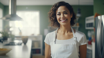 Proud woman posing in her kitchen clean-smiling mom standing in the kitchen-woman in the kitchen not cooking maid wearing an apron.
