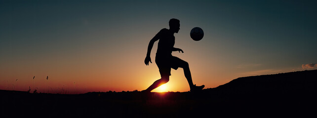 player juggles a soccer ball at nightfall a gradient from blue to orange panoramic banner, soccer action during a match at the end of the day