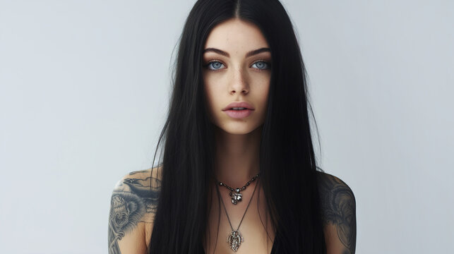 Young girl with long black hair and tattoos on a light background