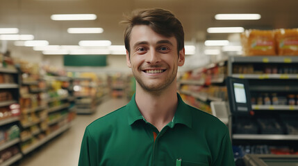 Smiling young male supermarket worker looking at the camera.