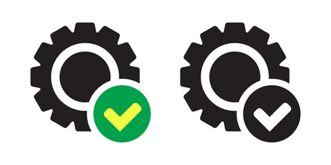 Check mark in gear icon, cog with green check icon.