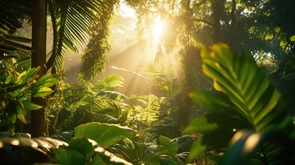 Foto op Canvas Sunrise in jungle rainforest view through tropical palm tree plants and lush fern foliage. Beautiful sunny morning in magic forest. Exotic nature landscape with wonderful majestic scenery. © Santy Hong