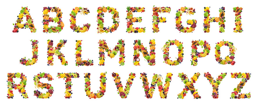 Alphabet with fresh food ingredients, letters made from fruits and berries isolated on white background