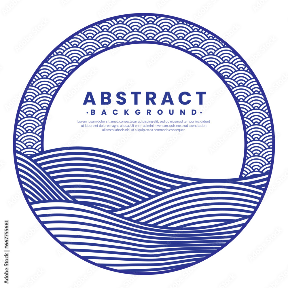 Poster blue water wave line pattern border frames. vector circle frame elements. japanese style concept.